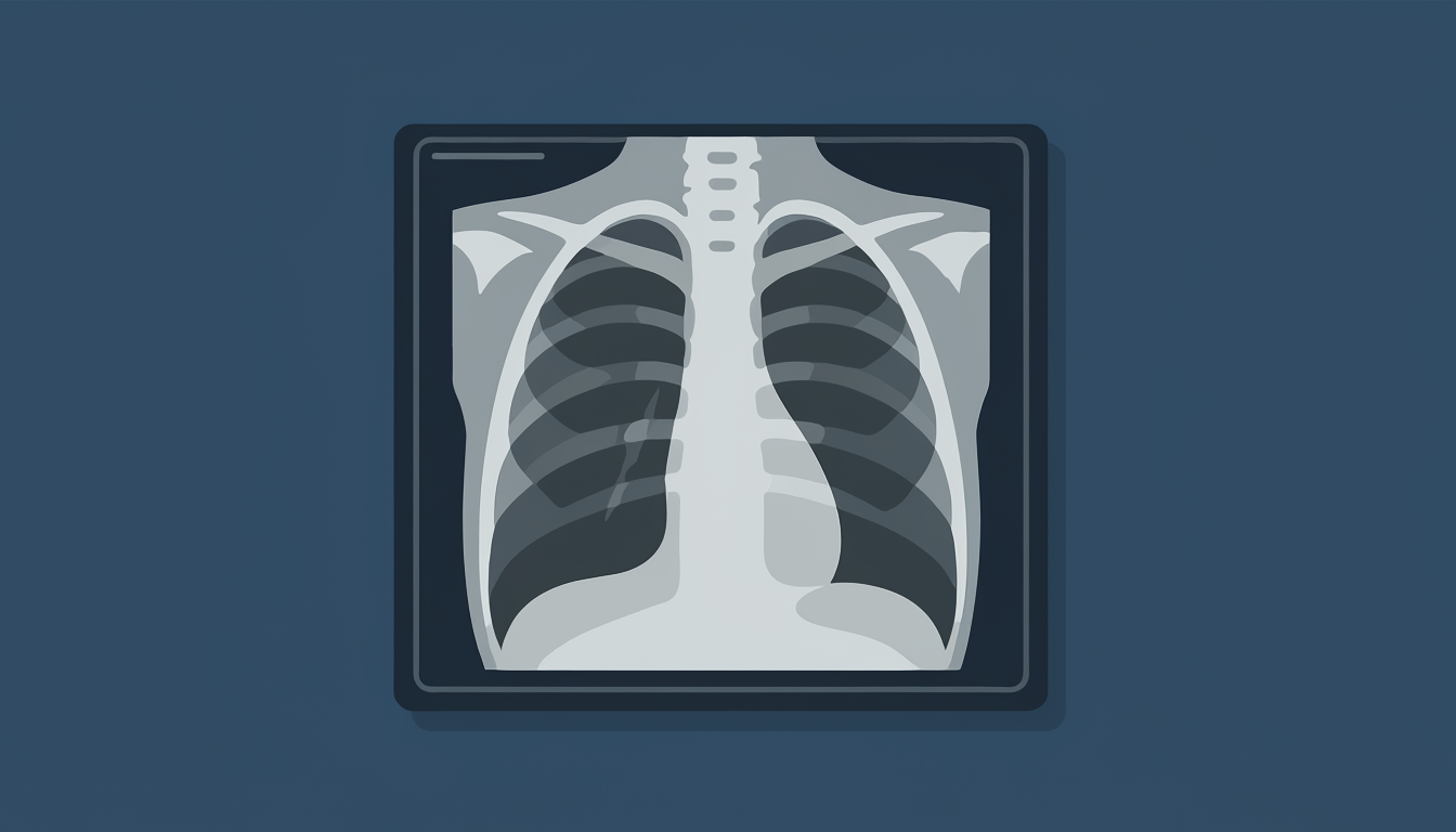 Chest X-ray illustration showing ribcage, lungs, and heart within a radiology screen, representing diagnostic imaging and evaluation.